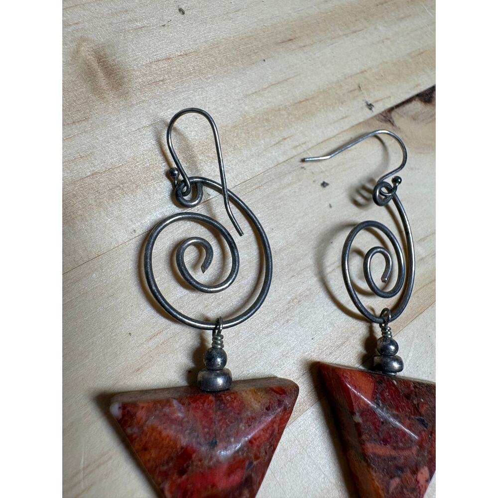 Artisan 925 Sterling Silver Triangle Red Jasper Earrings Spiral Dangle Boho - Picture 4 of 8
